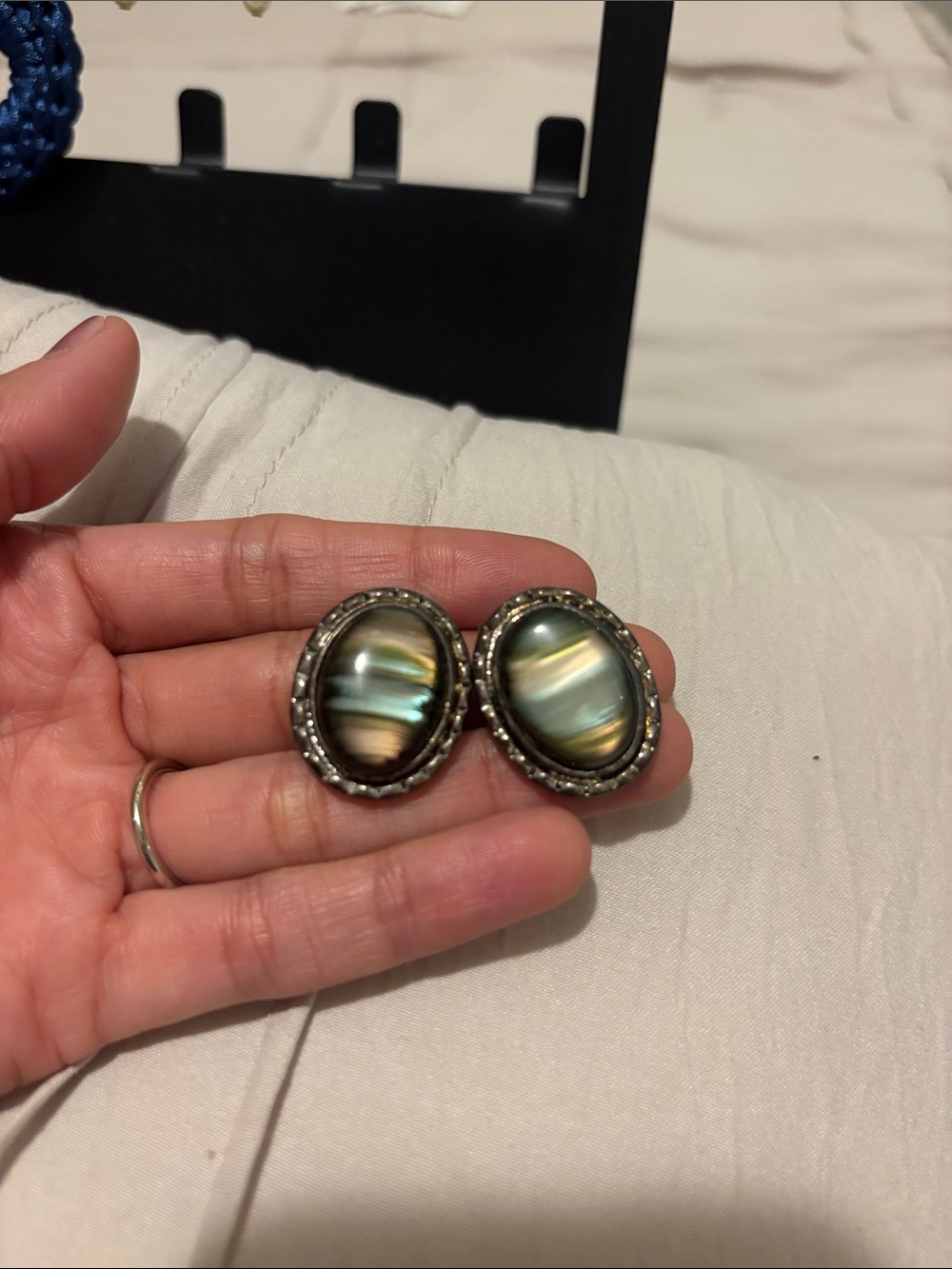 Vintage Green-Blue Shell Oval Earrings